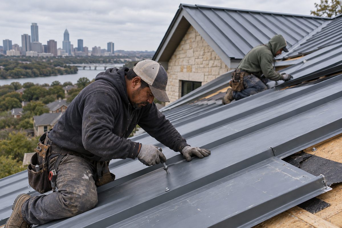 Roofers fitting ribbed metal panels on a residential roof
